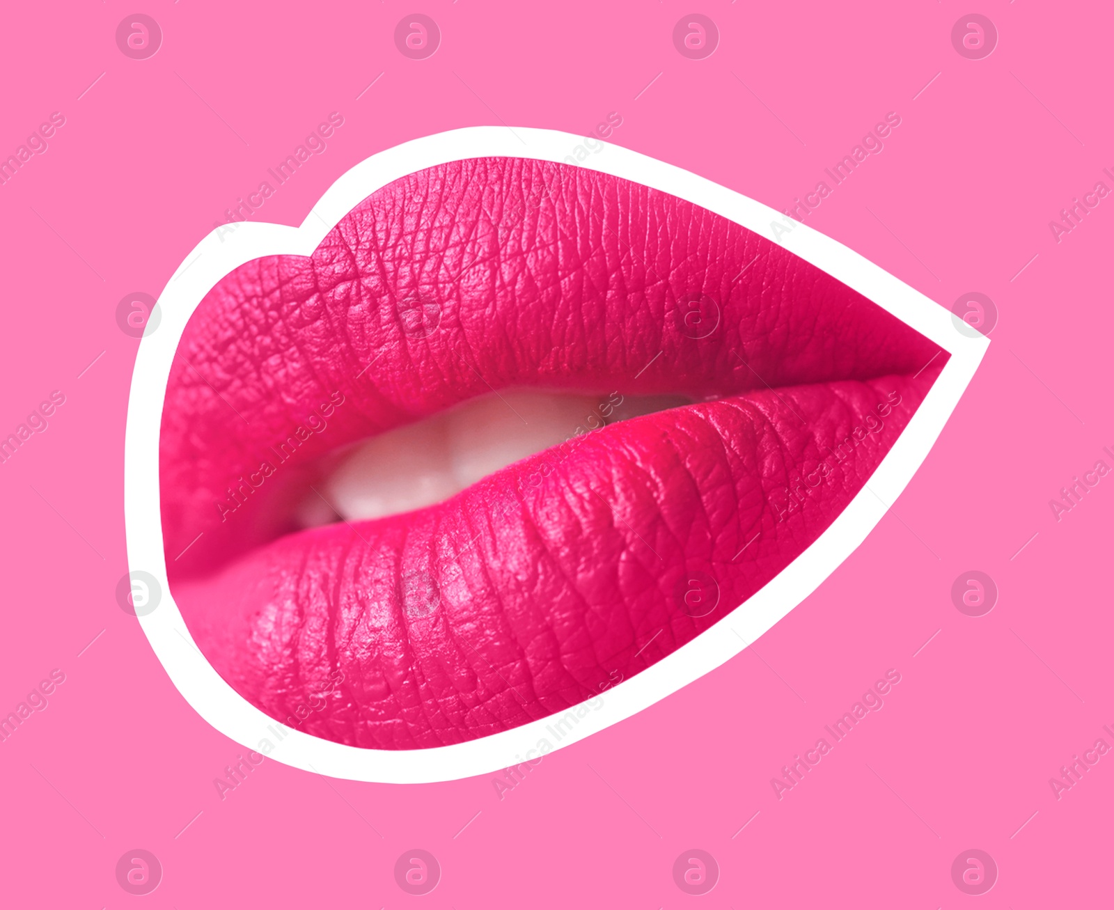 Image of Beautiful woman's lips with white outline on pink background. Magazine cutout, stylish design