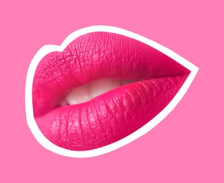 Image of Beautiful woman's lips with white outline on pink background. Magazine cutout, stylish design