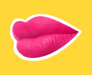 Beautiful woman's lips with white outline on yellow background. Magazine cutout, stylish design