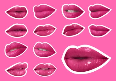 Collage of magazine cutouts. Many beautiful female lips with white outline on pink background