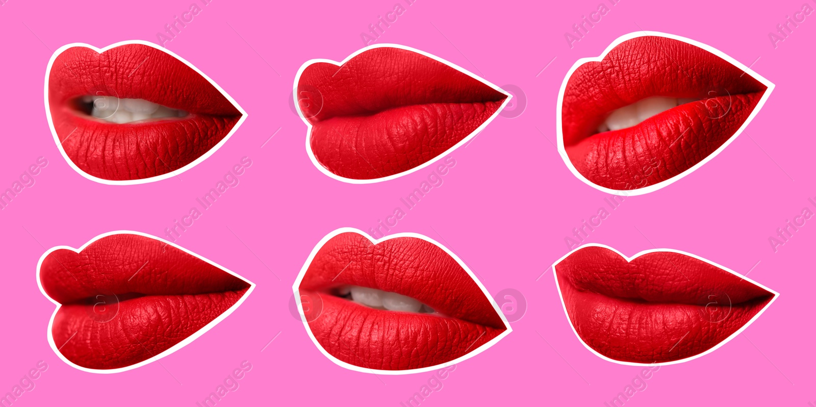 Image of Collage of magazine cutouts. Many beautiful female lips with white outline on pink background