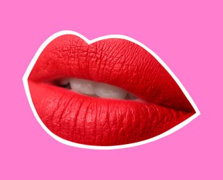 Red woman's lips with white outline on pink background. Magazine cutout, stylish design