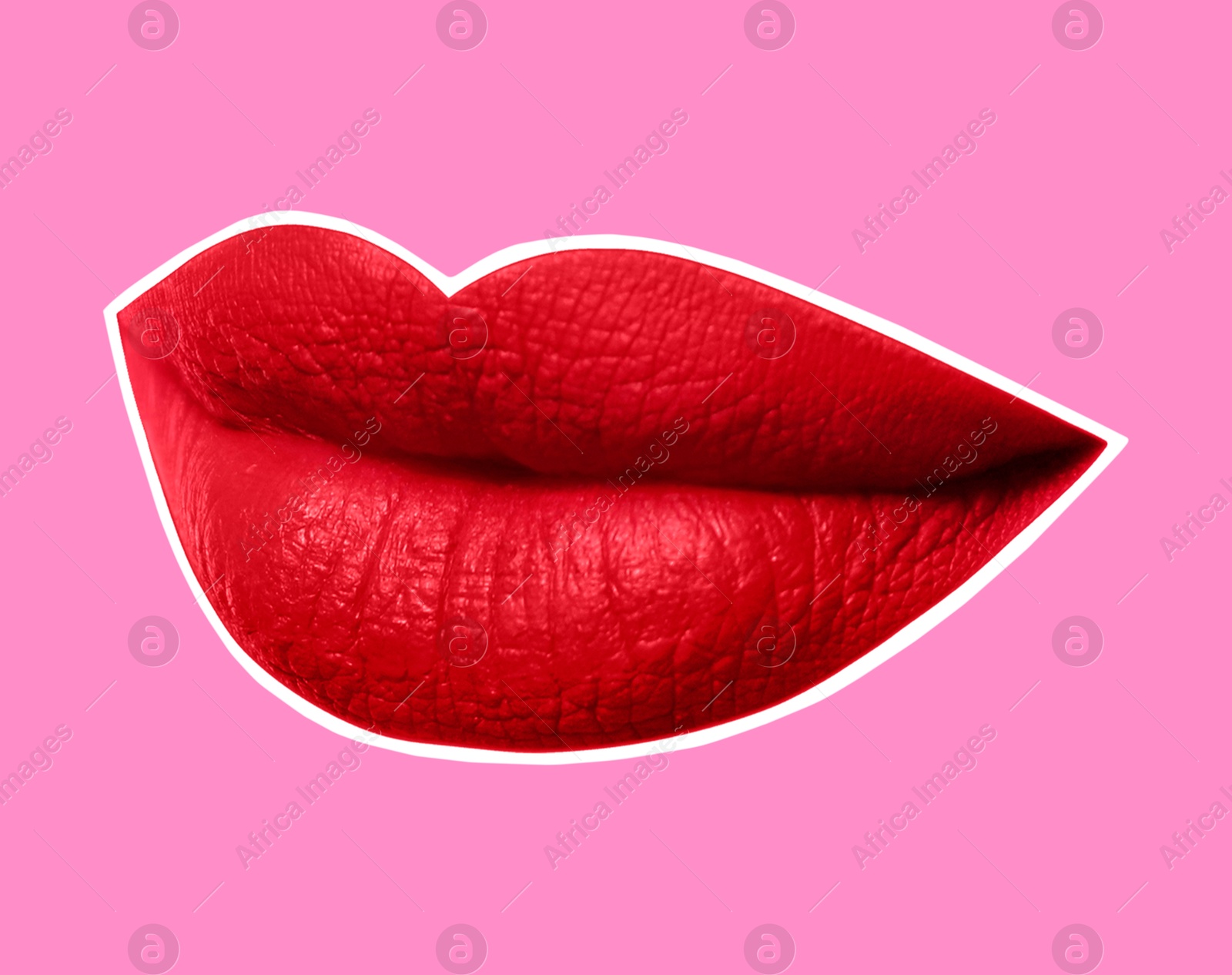 Image of Red woman's lips with white outline on pink background. Magazine cutout, stylish design