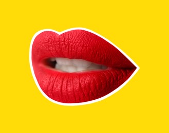 Red woman's lips with white outline on yellow background. Magazine cutout, stylish design