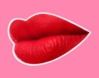 Red woman's lips with white outline on pink background. Magazine cutout, stylish design