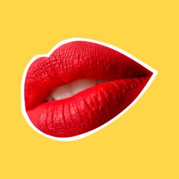 Red woman's lips with white outline on yellow background. Magazine cutout, stylish design