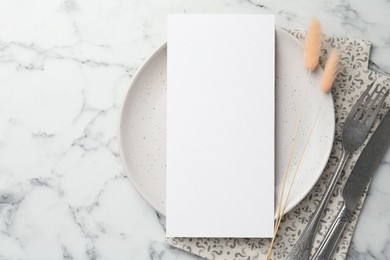 Empty menu, cutlery, plate, napkin and dry spikes on white marble table, top view. Mockup for design