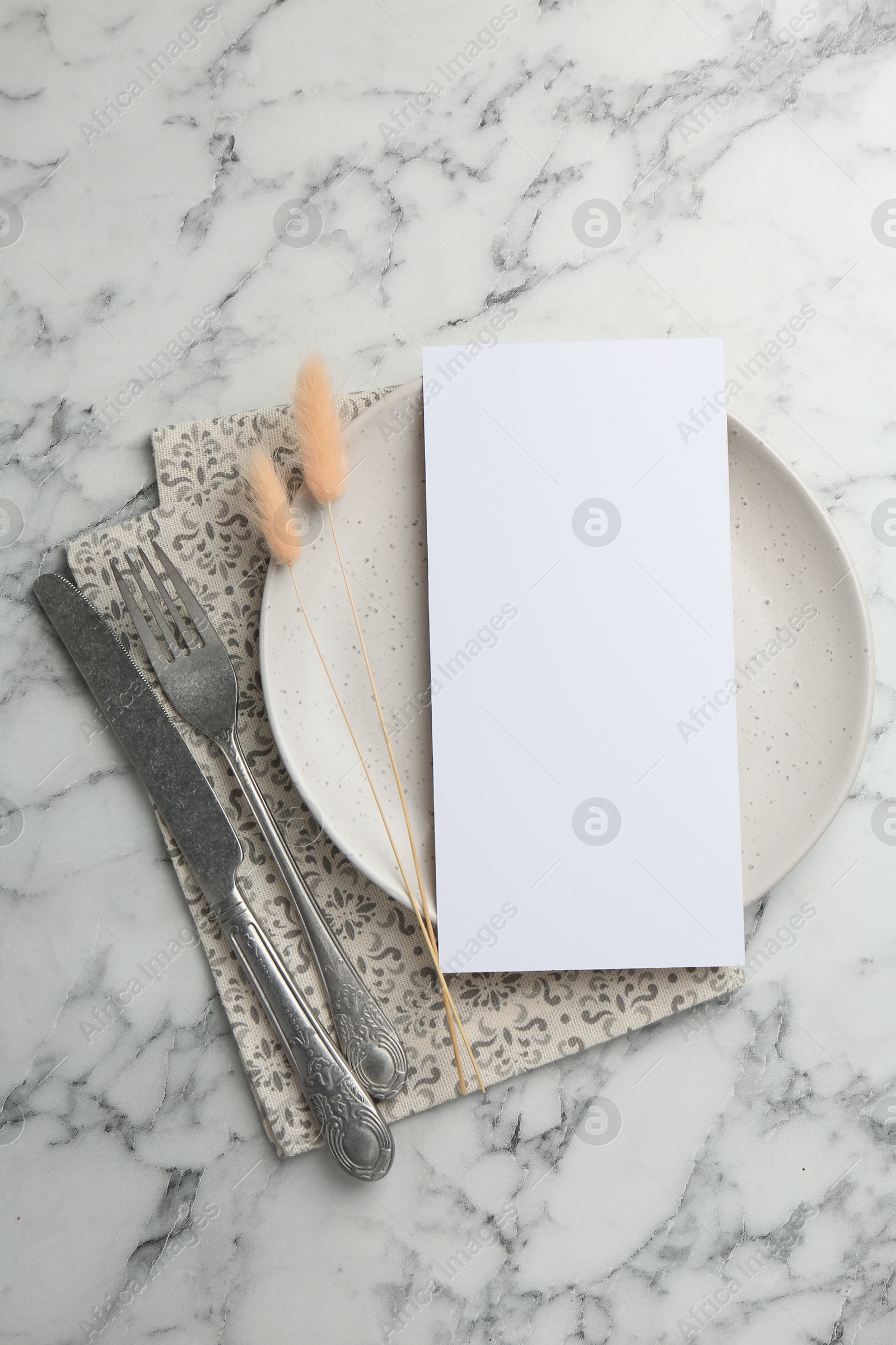 Photo of Empty menu, cutlery, plate, napkin and dry spikes on white marble table, top view. Mockup for design