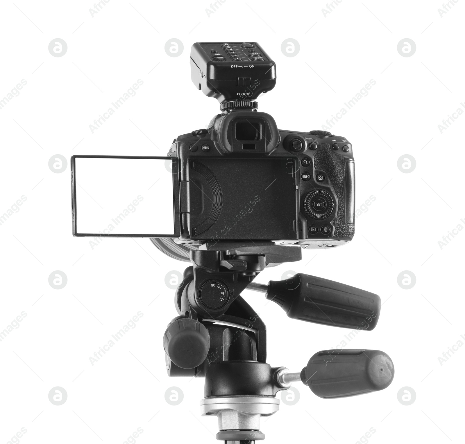 Photo of Professional camera isolated on white. Photo studio equipment