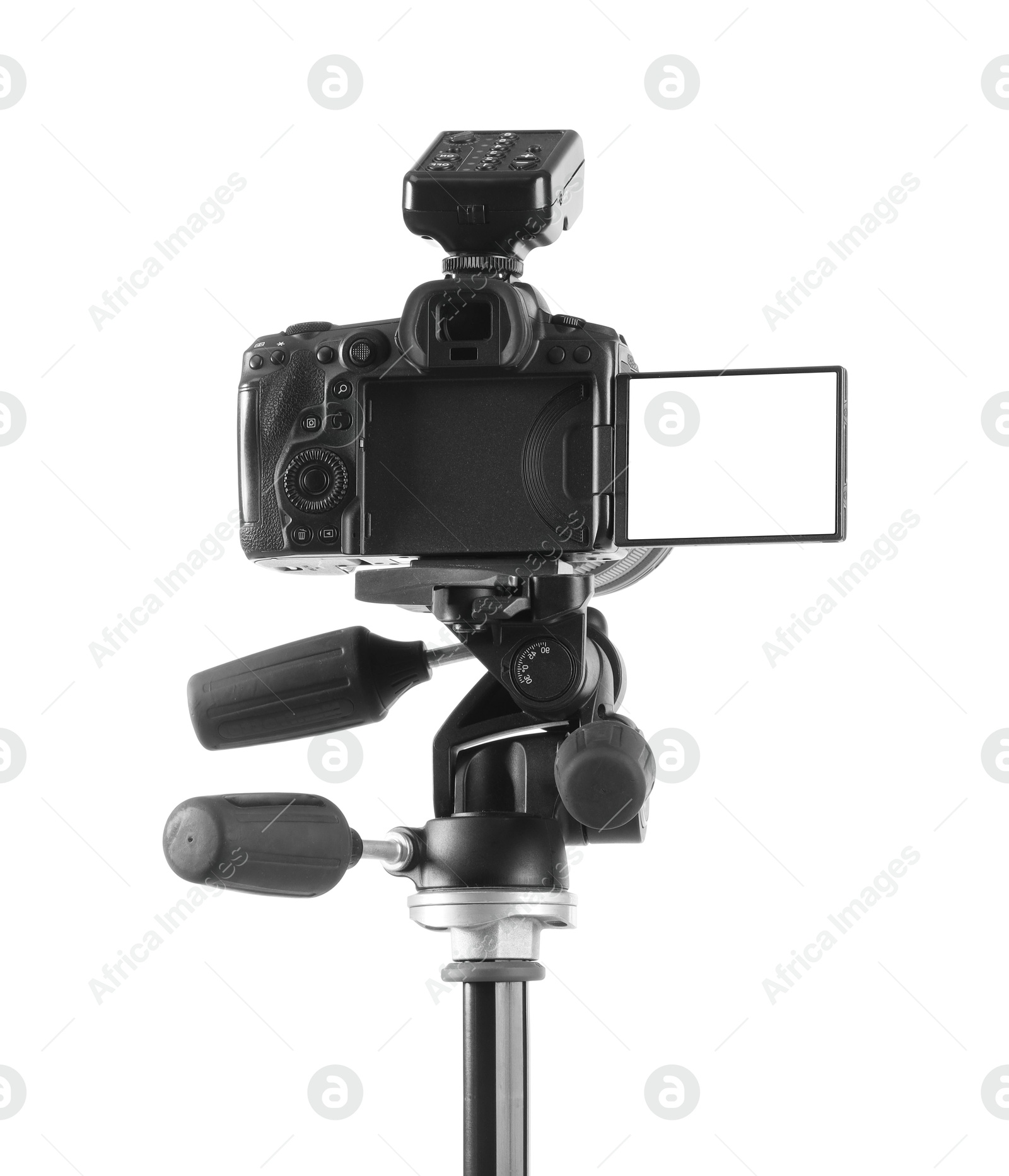 Photo of Professional camera isolated on white. Photo studio equipment