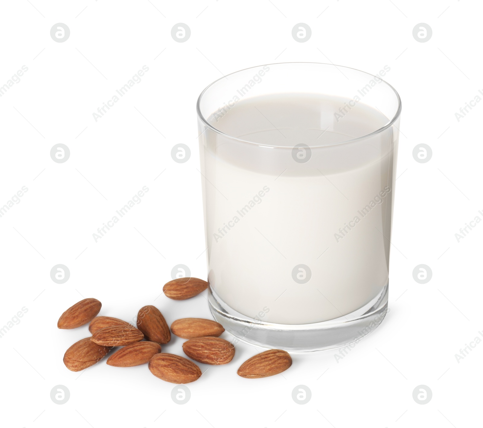 Photo of Glass of almond milk and almonds isolated on white