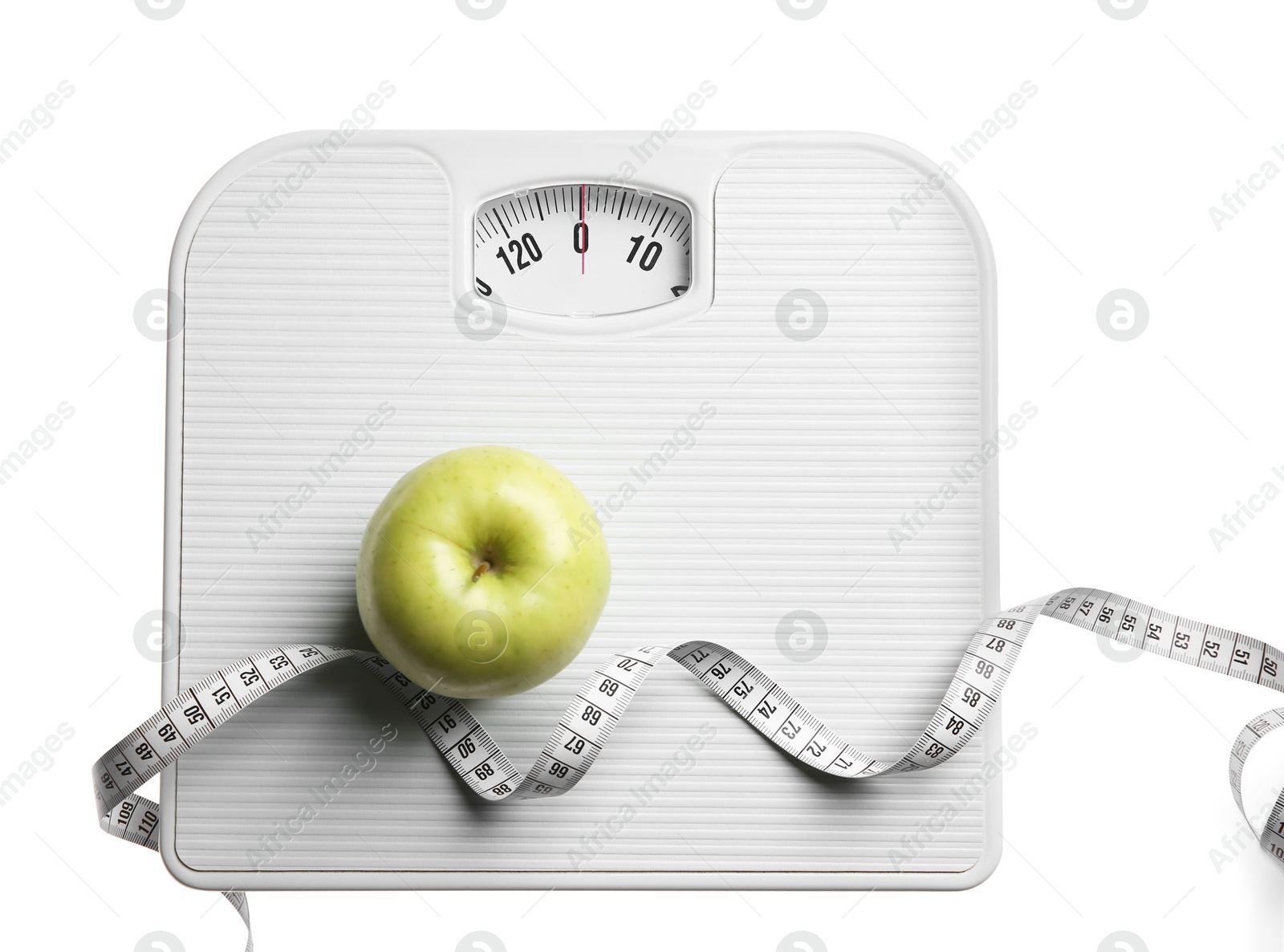 Photo of Scale, measuring tape and fresh apple isolated on white, top view