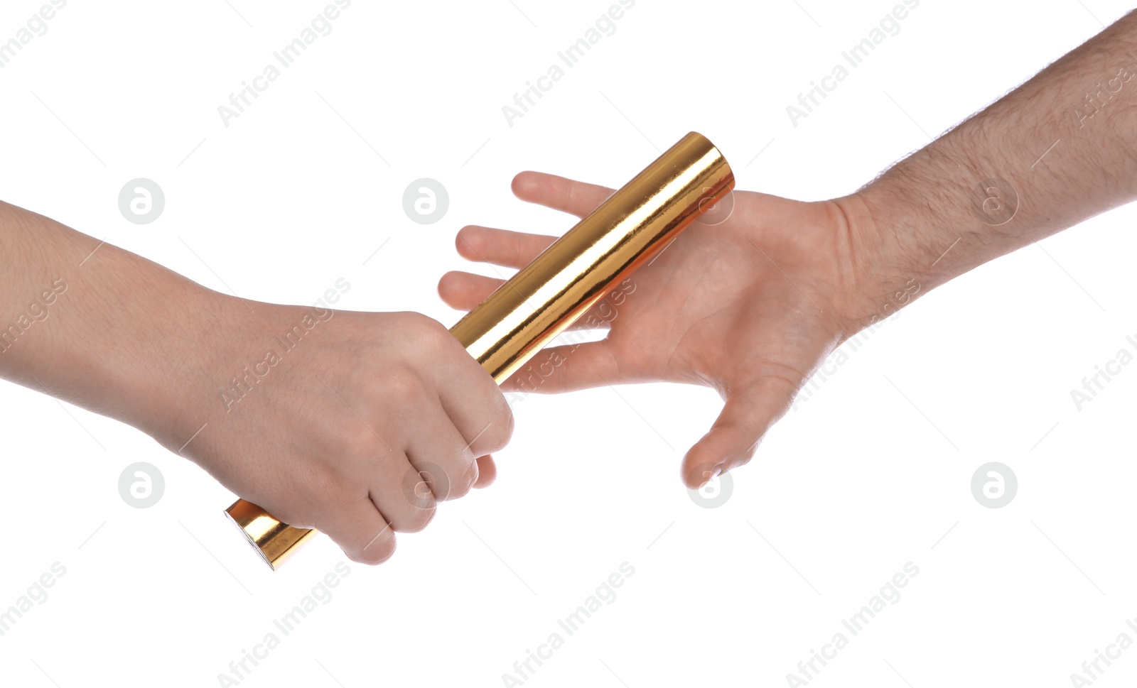 Photo of Man passing relay baton to teammate isolated on white, closeup