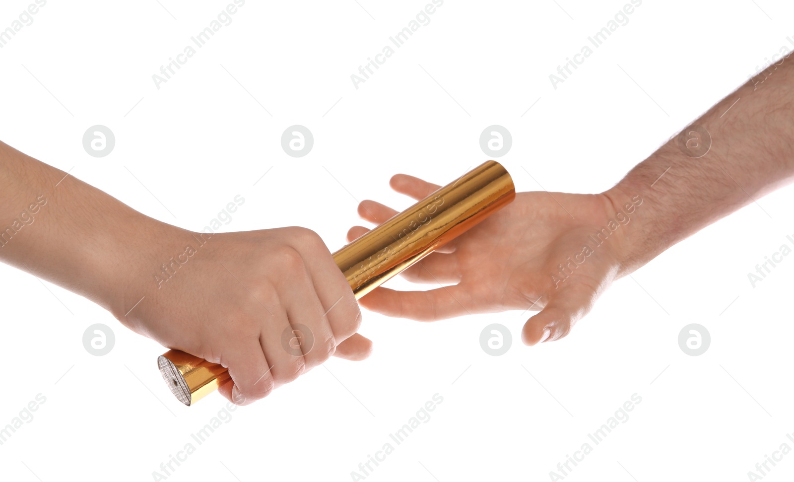 Photo of Man passing relay baton to teammate isolated on white, closeup