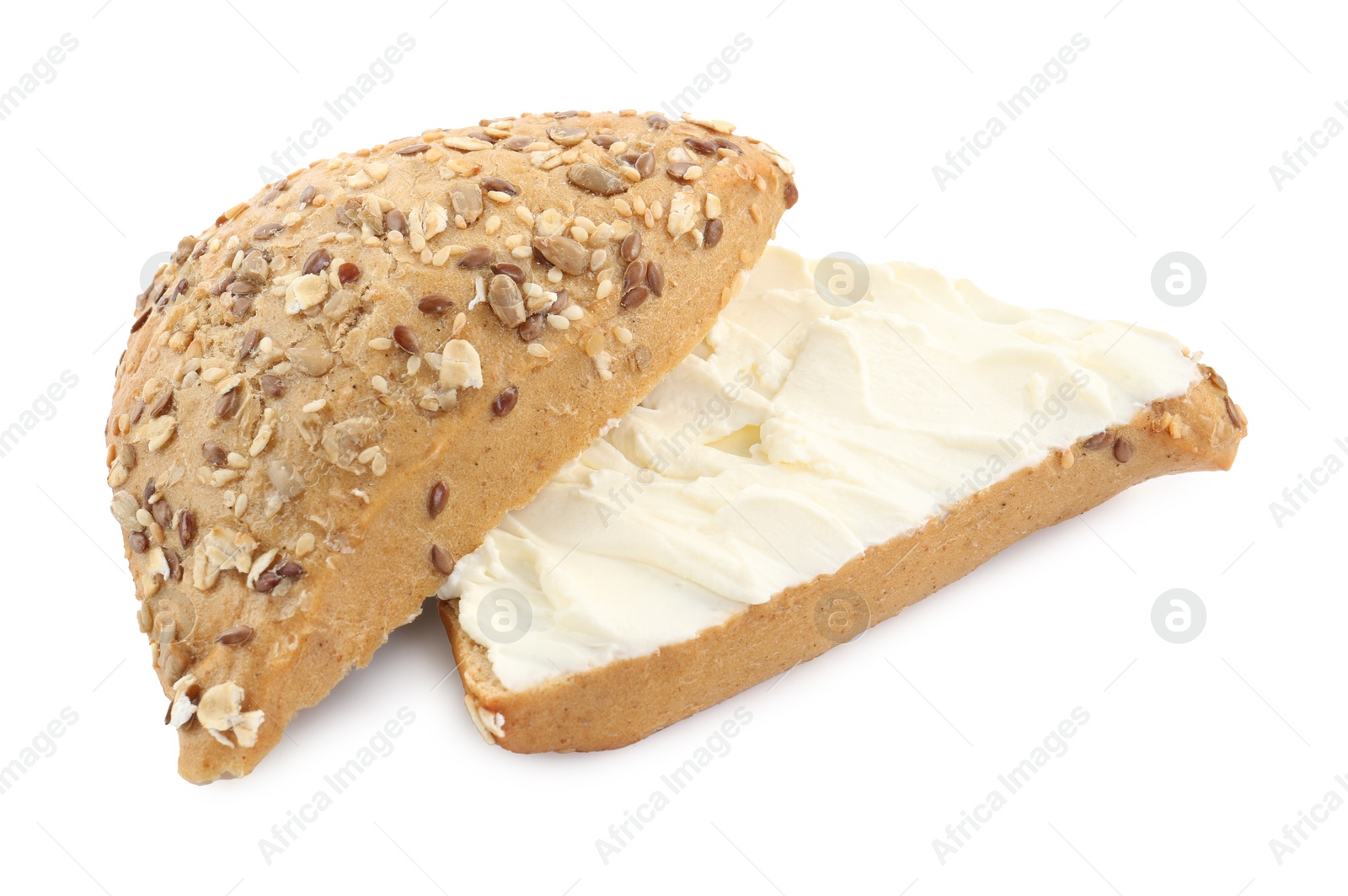 Photo of Pieces of bread with cream cheese isolated on white