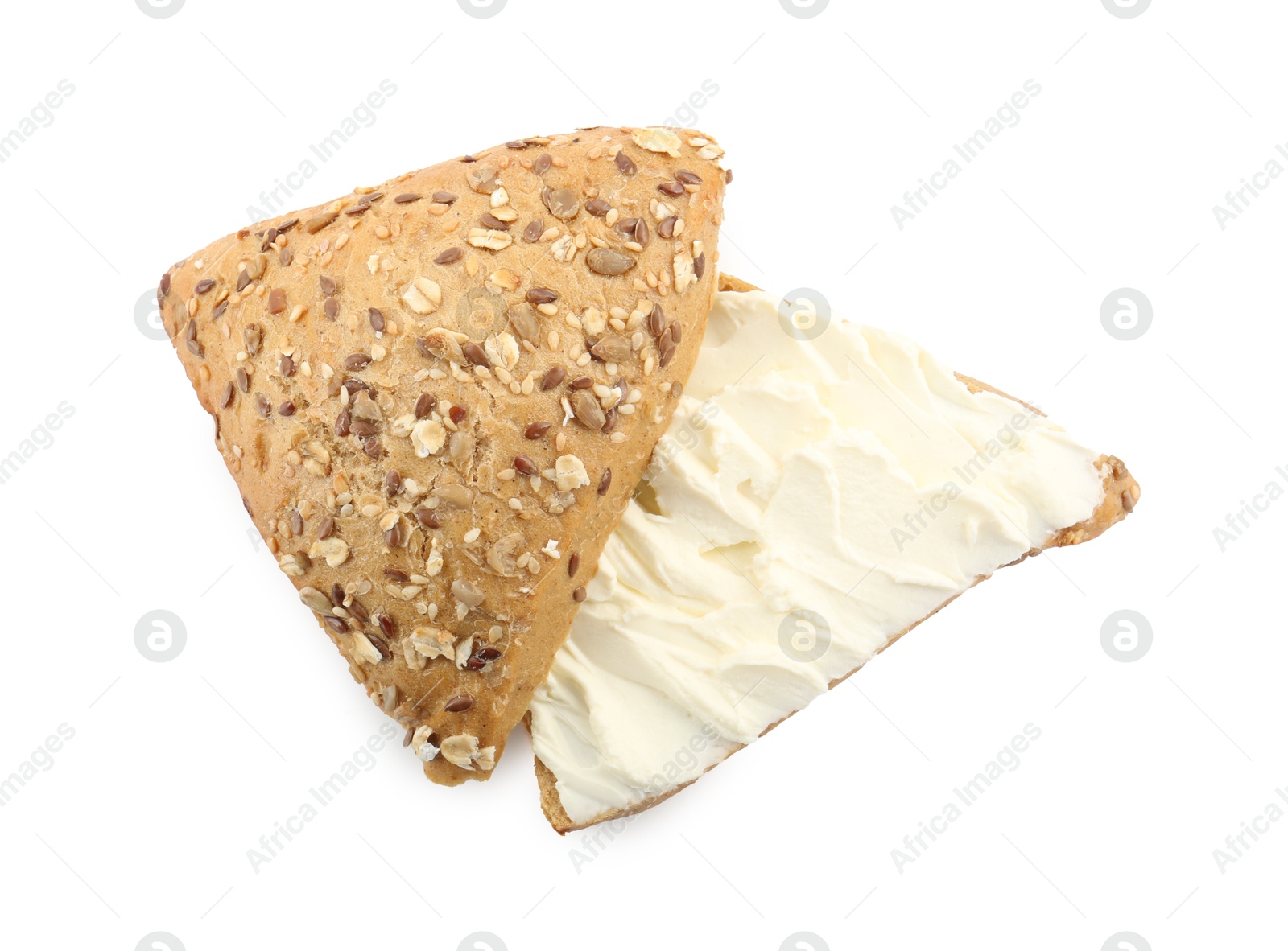 Photo of Pieces of bread with cream cheese isolated on white, top view