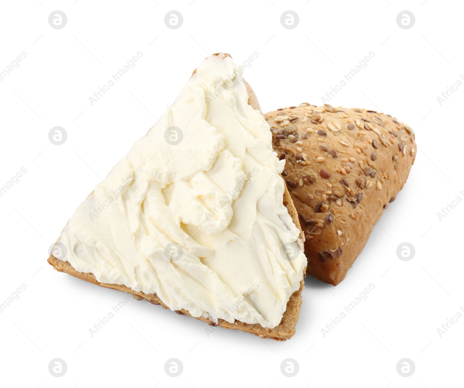 Photo of Pieces of bread with cream cheese isolated on white