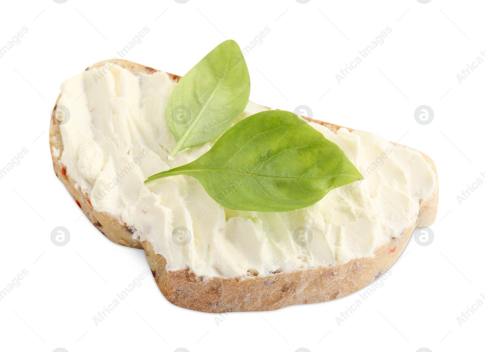 Photo of Piece of bread with cream cheese and basil leaves isolated on white