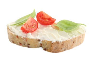 Photo of Piece of bread with cream cheese, basil leaves and tomato isolated on white