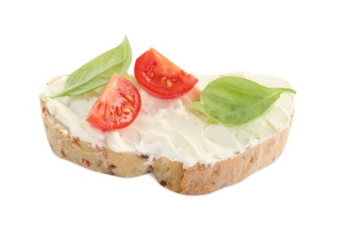 Photo of Piece of bread with cream cheese, basil leaves and tomato isolated on white
