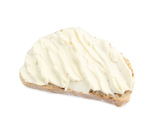 Photo of Piece of bread with cream cheese isolated on white, top view