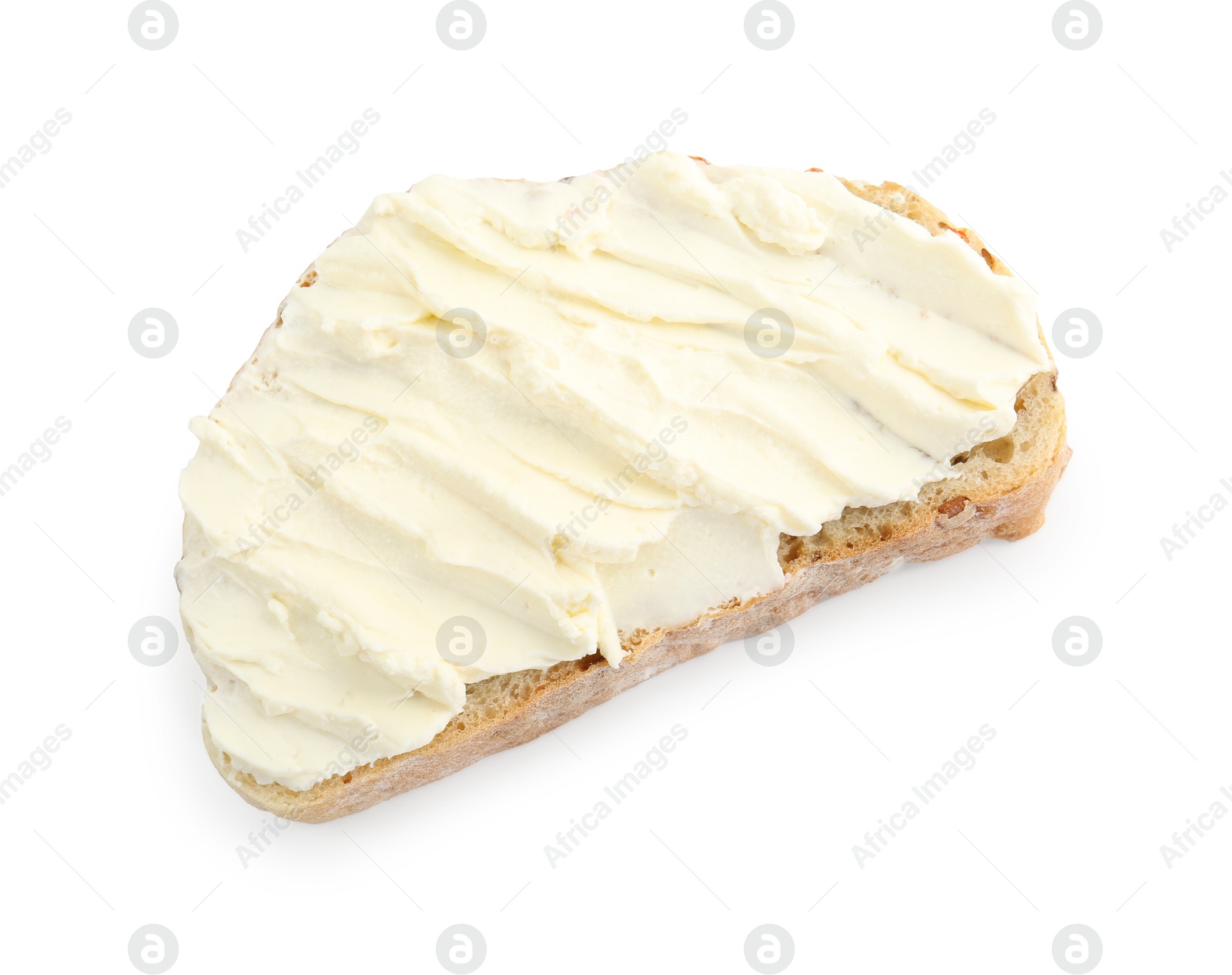 Photo of Piece of bread with cream cheese isolated on white, top view