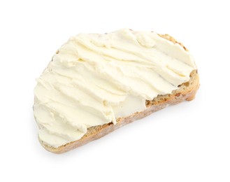Photo of Piece of bread with cream cheese isolated on white, top view