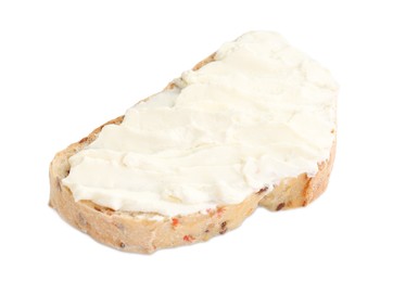 Photo of Piece of bread with cream cheese isolated on white