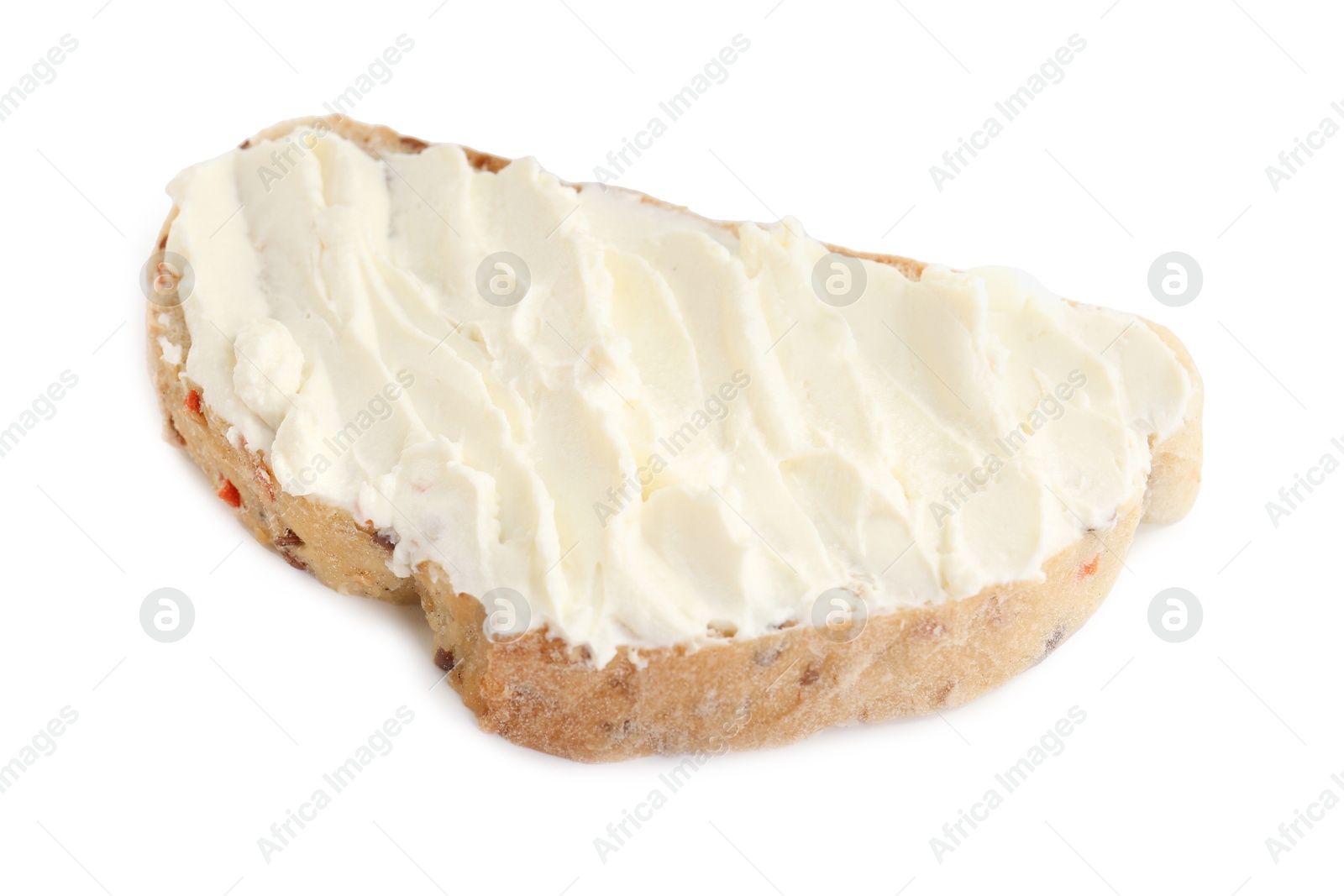 Photo of Piece of bread with cream cheese isolated on white