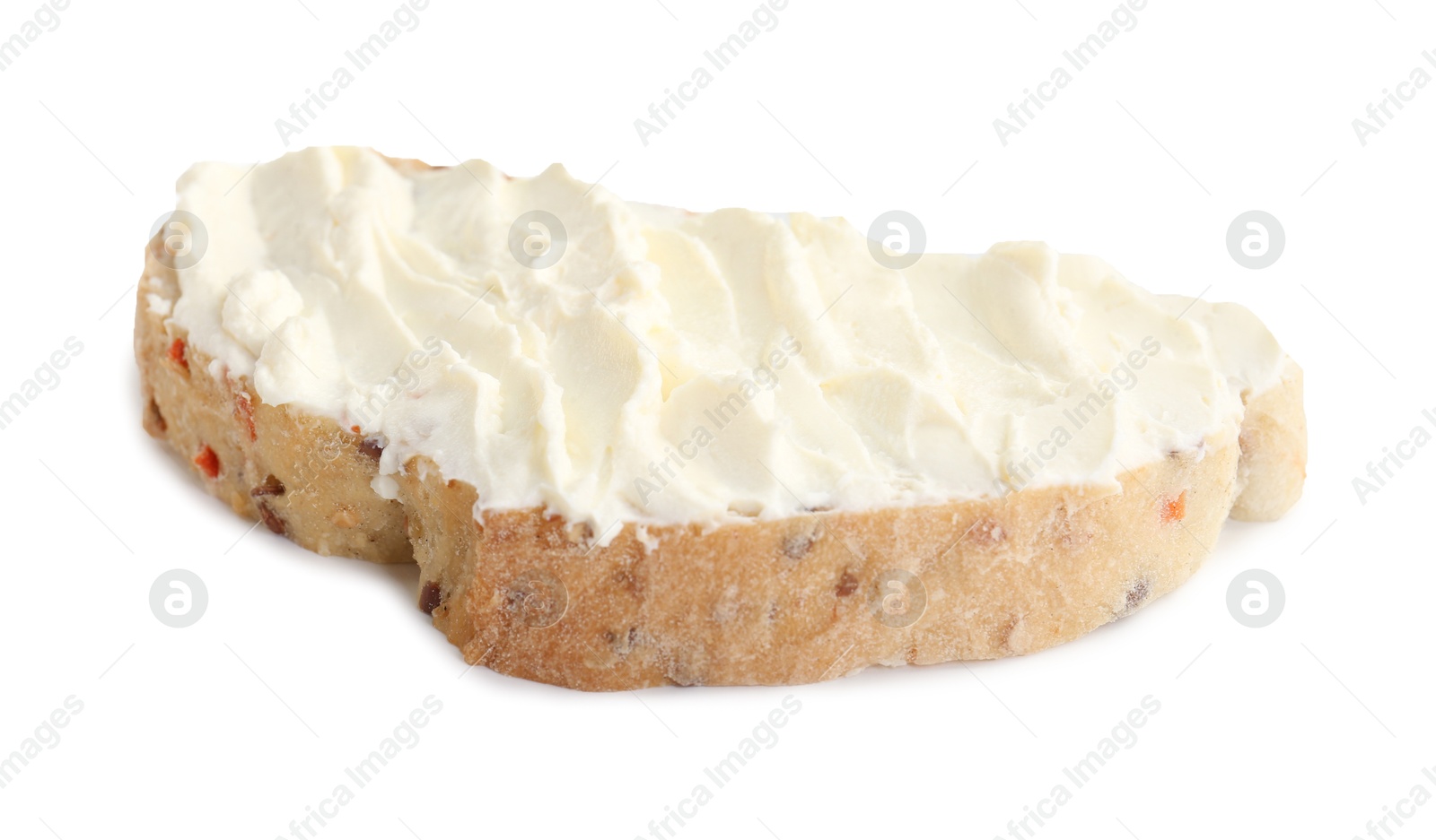 Photo of Piece of bread with cream cheese isolated on white