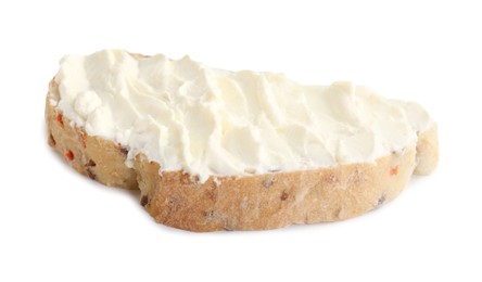 Piece of bread with cream cheese isolated on white