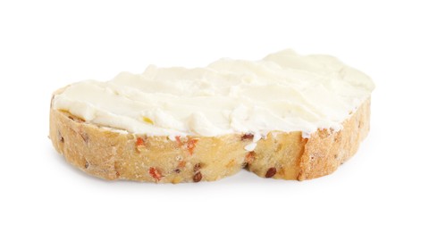 Photo of Piece of bread with cream cheese isolated on white