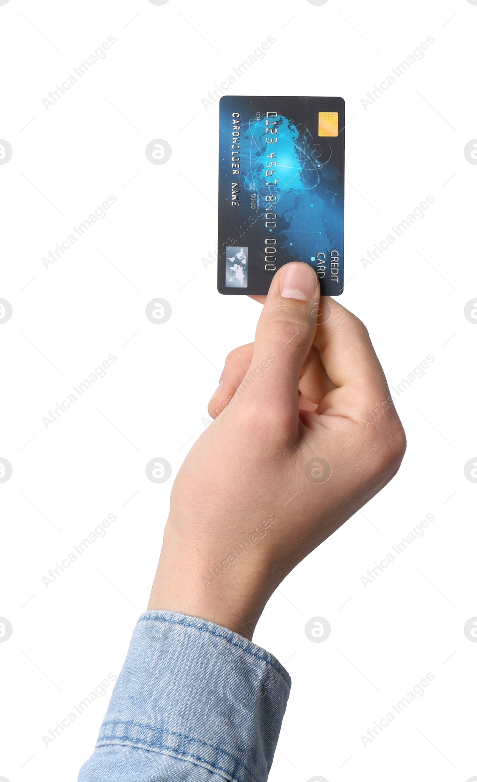 Photo of Man holding credit card on white background, closeup