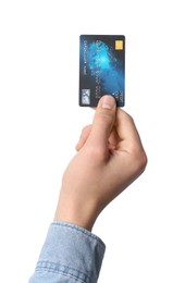 Photo of Man holding credit card on white background, closeup