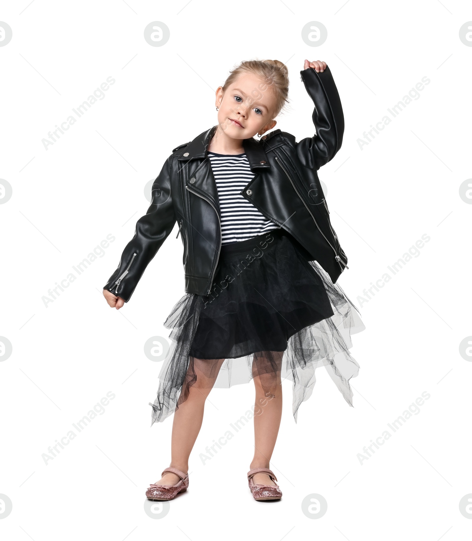 Photo of Cute little girl dancing on white background