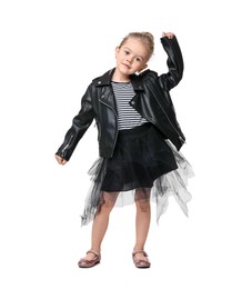 Photo of Cute little girl dancing on white background