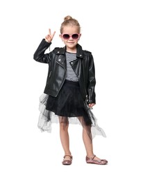 Cute little girl in sunglasses dancing and showing peace sign on white background