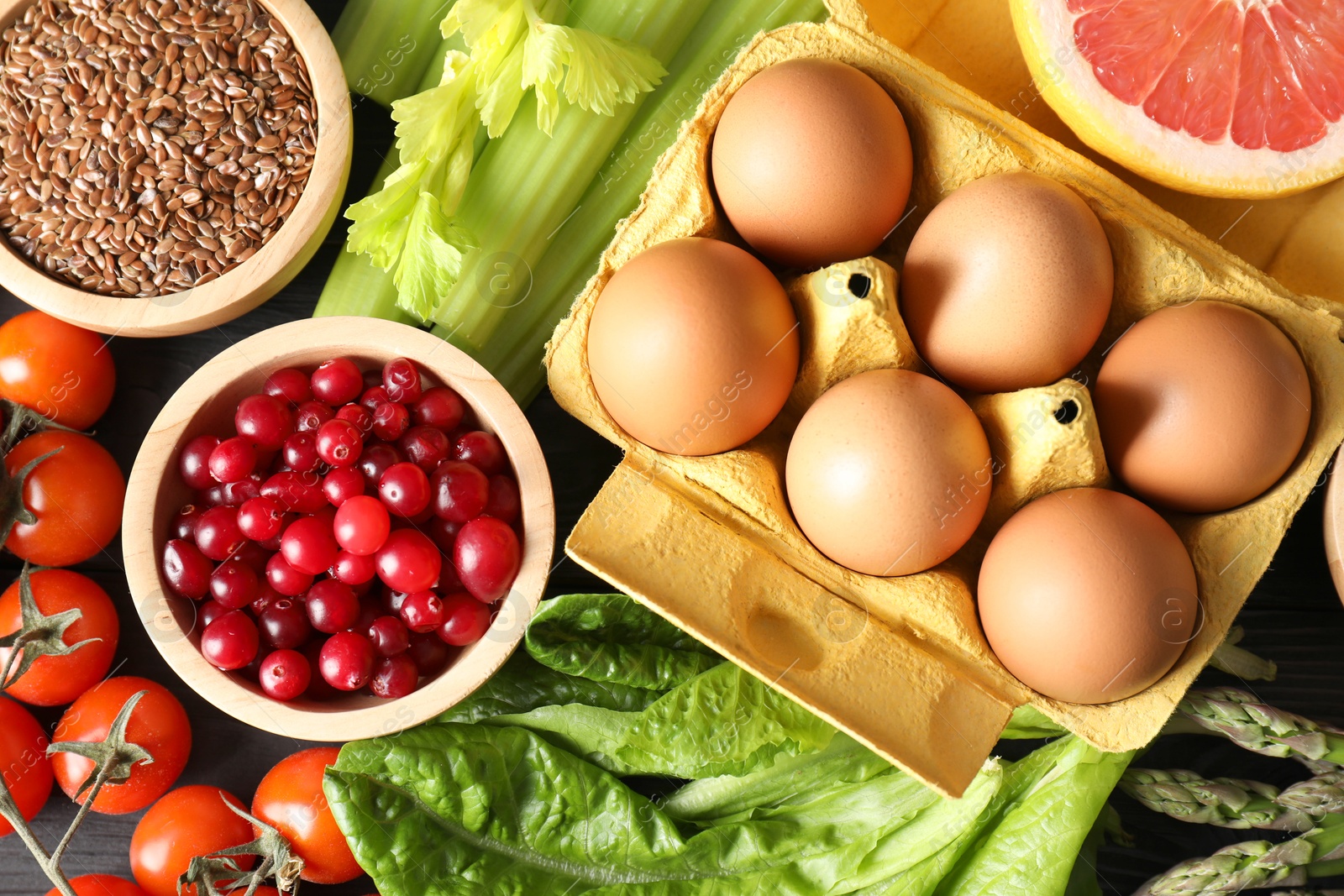 Photo of Many different healthy food on table, flat lay