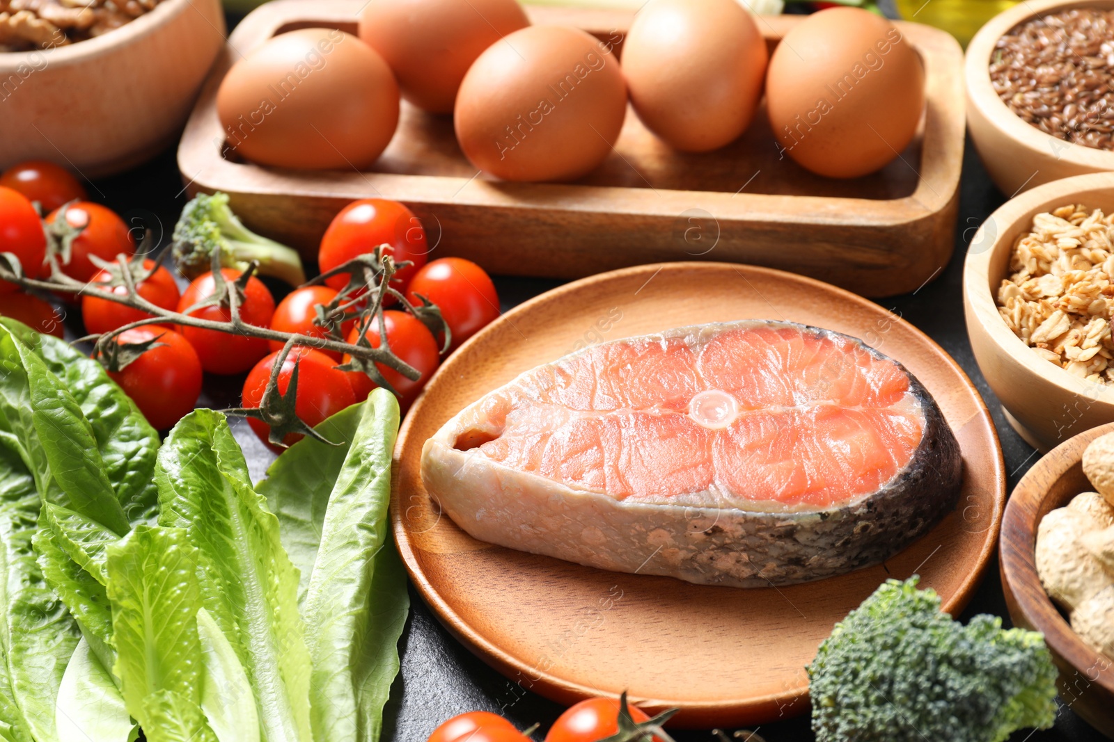 Photo of Many different healthy food on table, closeup