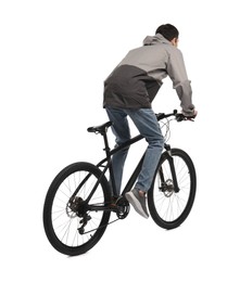 Photo of Young man riding bicycle on white background