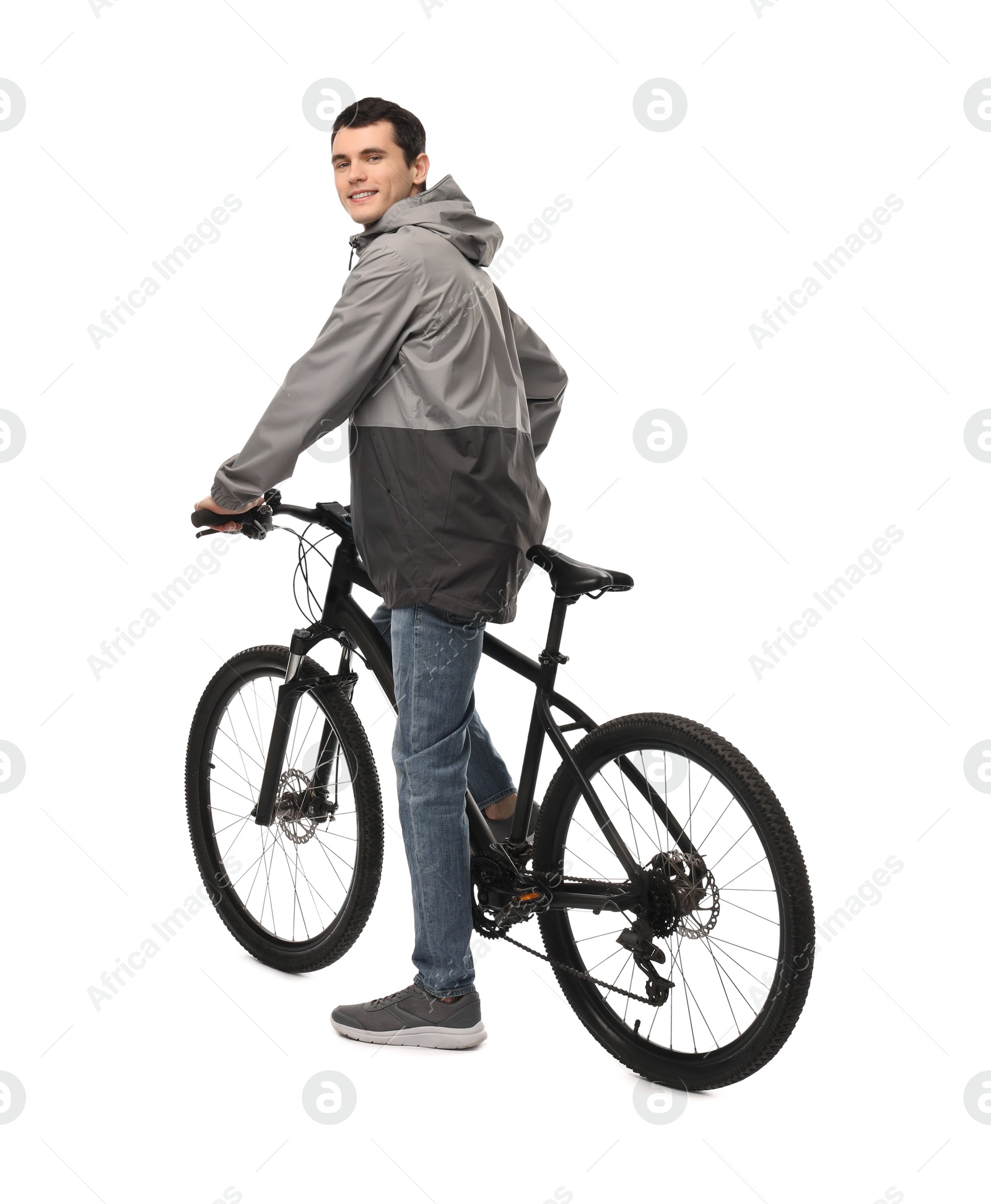 Photo of Smiling man with bicycle isolated on white