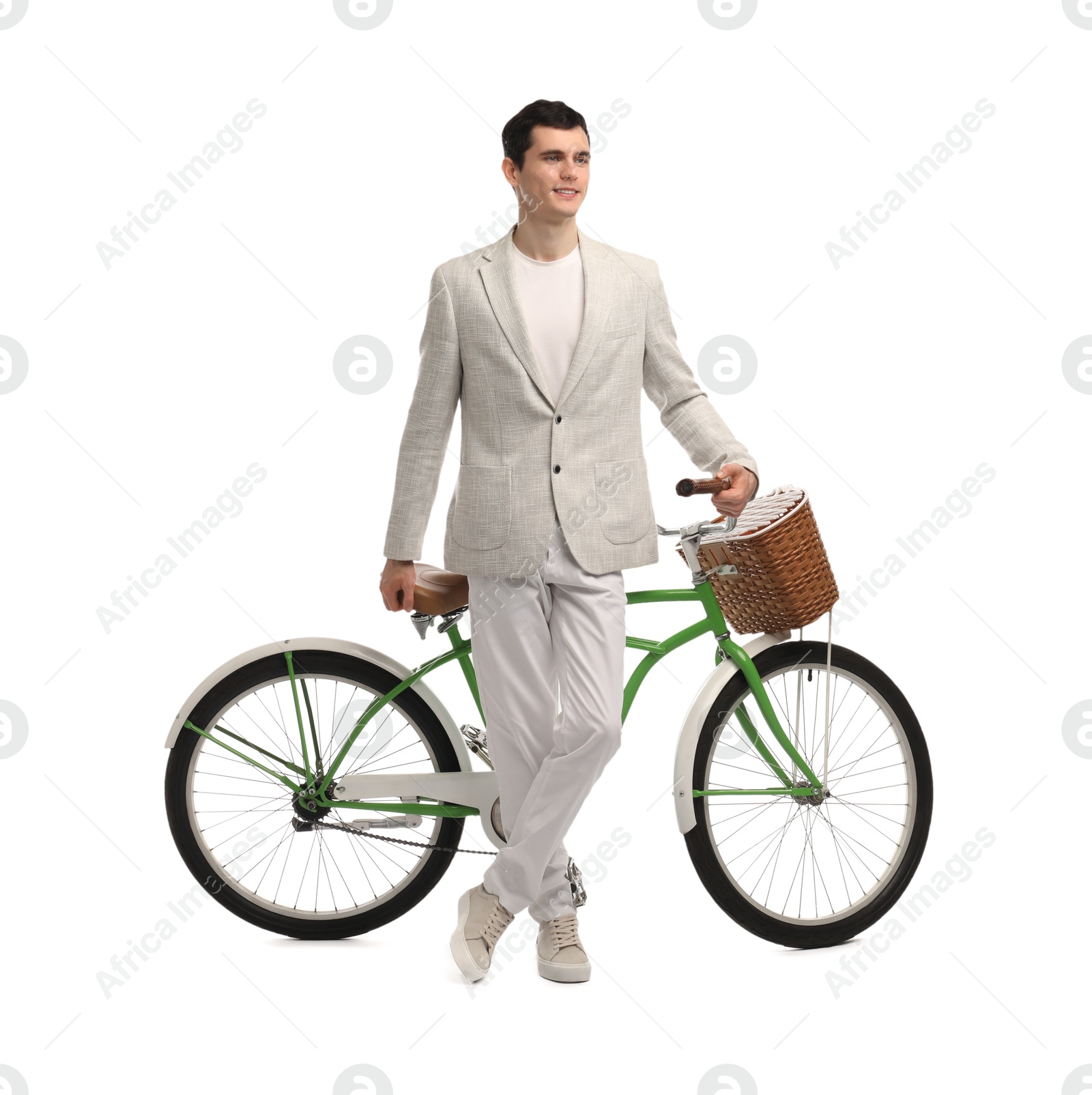 Photo of Smiling man with bicycle and basket isolated on white