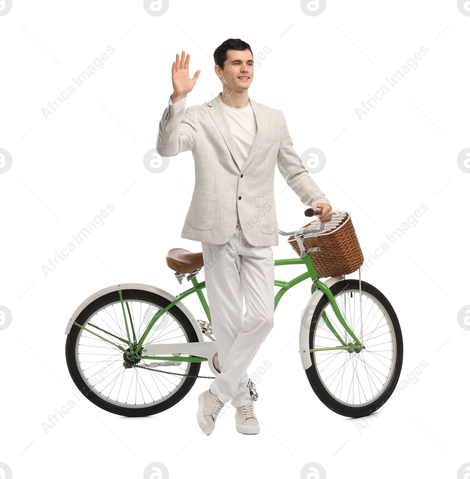 Photo of Smiling man with bicycle and basket isolated on white