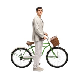 Photo of Smiling man with bicycle and basket isolated on white