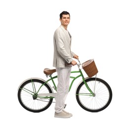 Smiling man with bicycle and basket isolated on white