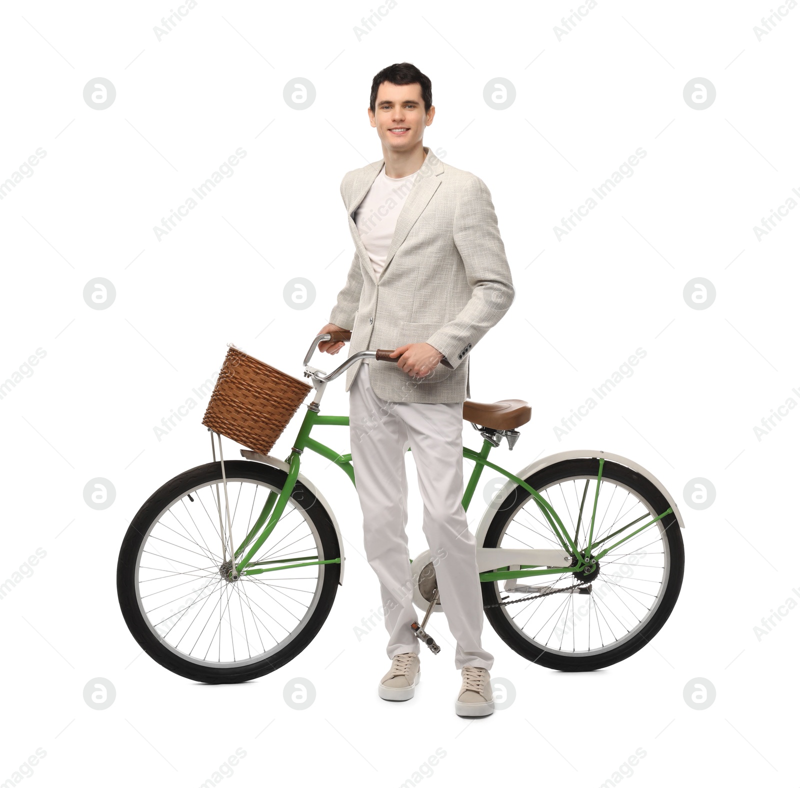 Photo of Smiling man with bicycle and basket isolated on white