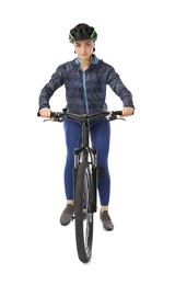 Photo of Beautiful young woman in helmet riding bicycle on white background