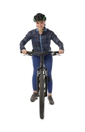 Smiling woman in helmet riding bicycle on white background