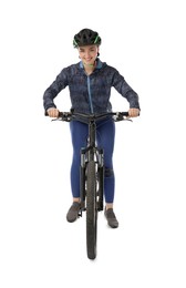 Photo of Smiling woman in helmet riding bicycle on white background