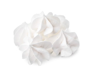 Photo of Many delicious meringue cookies isolated on white